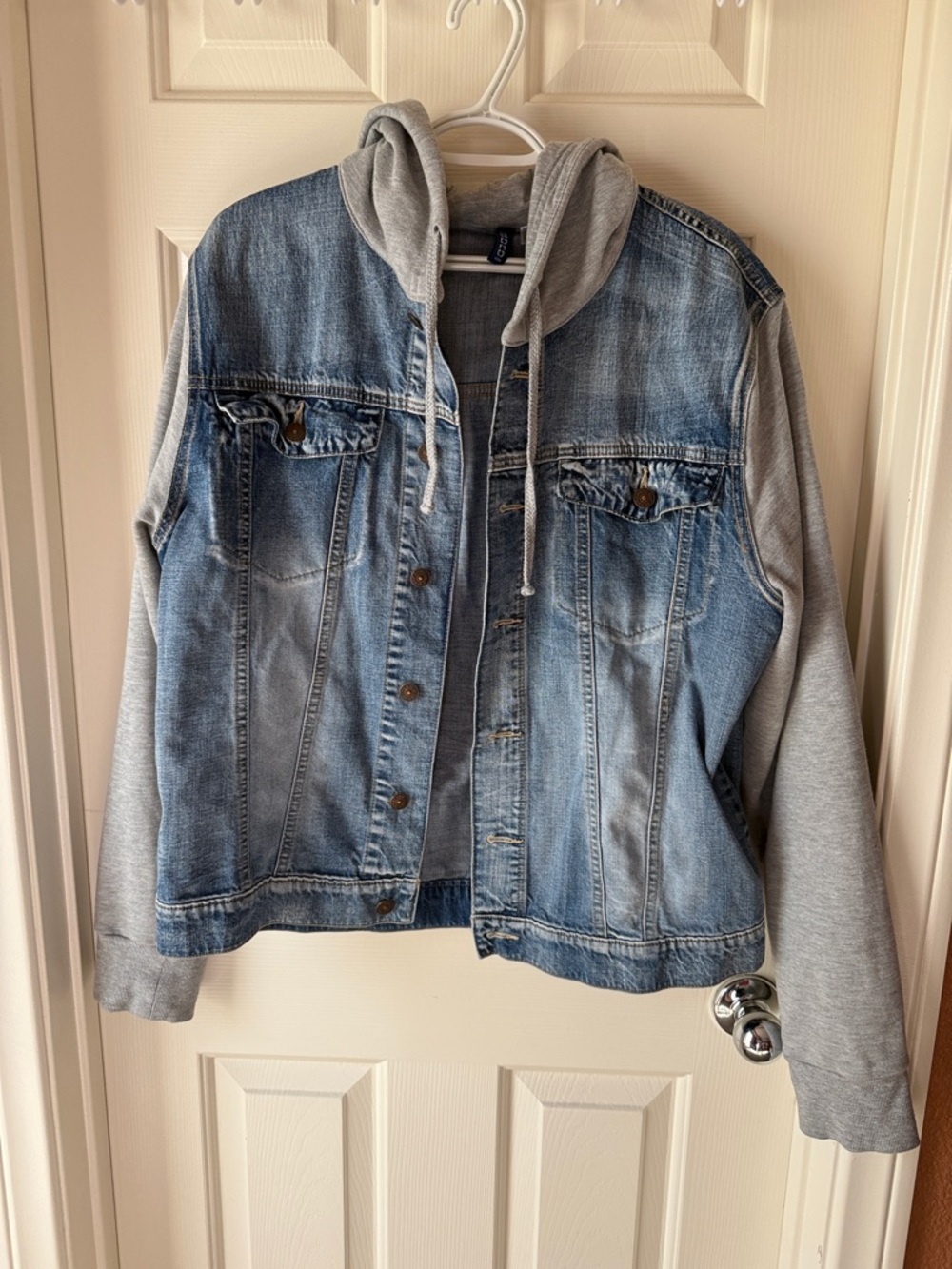 Divided Blue Denim Jacket with Gray Hoodie Sleeves